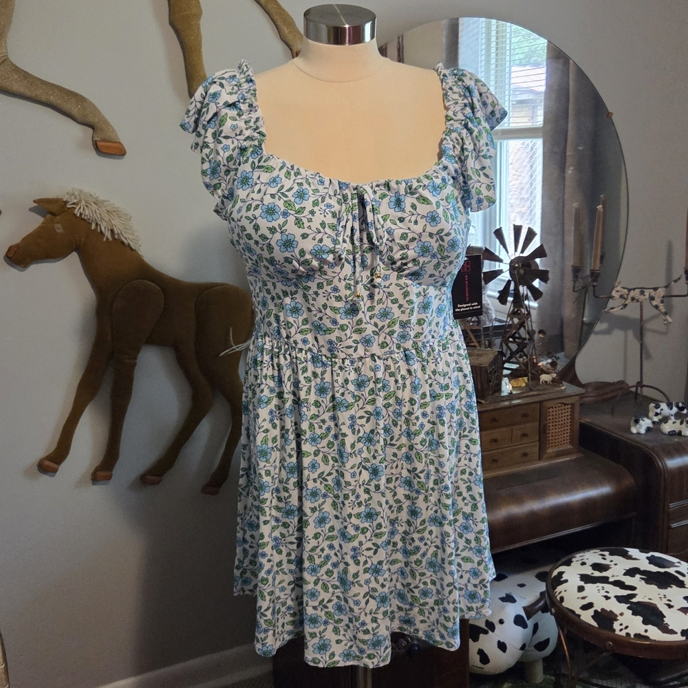 No Boundaries Blue Floral Dress with Ruffle Sleeves